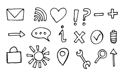 Hand drawn vector outline illustration of web icons. Website and social network design element collection. Big set of Internet button templates