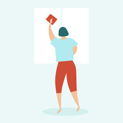 Woman cleaning house. Housewife washes window with rag. Concept of home cleaning and cleanliness. Flat vector illustration on light blue background.