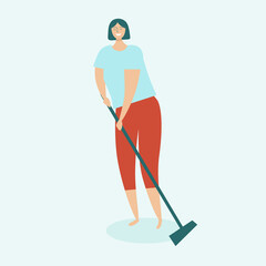 Woman cleaning the house. Housewife mops the floor. The concept of home cleaning and cleanliness. Flat vector illustration on a light blue background.
