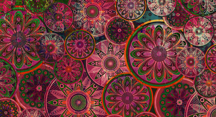 art colorful vintage ethnic pattern with floral and mandala elements, with Islam, Arabic, Indian, Ottoman motifs in magenta and green colors