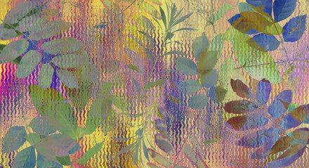 art graphic and watercolor autumn colorful background with sketching leaves and flowers in green, old  gold and blue