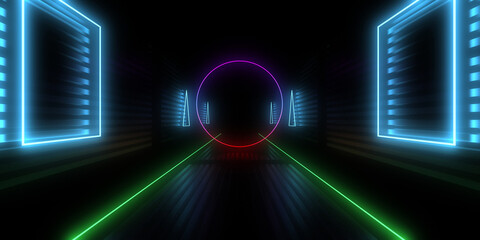 3D abstract background with neon lights.neon tunnel 3d illustration