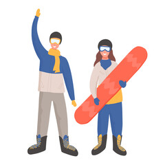 Two happy young people in winter sport clothes holding snowboard and waving vector cartoon illustration.