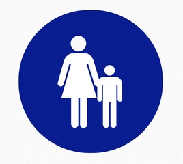 Children must be accompanied by adults, mandatory sign. Blue circle  with silhouette of a mother with a kid