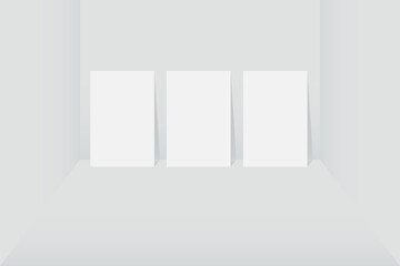 Square room with empty frames on wall for background in gray shades, vector image