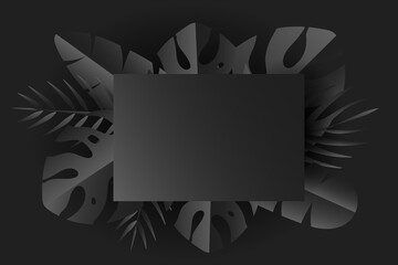 Tropical leaves with frame in black and gray shades