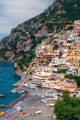 View of the landscape of the mountain town of Positano. Travel route best places in Italy. Opening...