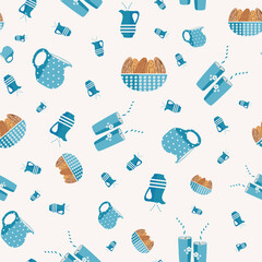 Almond milk vector seamless pattern background. Blue white backdrop of brown healthy nuts in bowls with pretty jugs and glasses. Hand drawn all over print for fitness breakfast drink, food nutrition