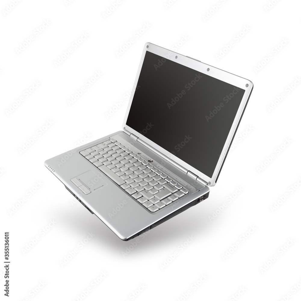 Poster open laptop floating angled with drop shadow and clipping path