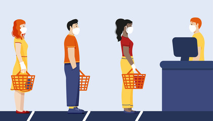 the queue of people waiting behind the line in gloves and masks prevention of coronavirus flat illustration of the rules for preventing the spread of covid-19 and social distance