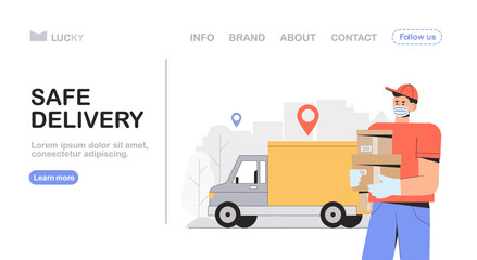 Safe delivery and courier service concept, delivery man in a medical, protective mask, holding ordered box and stands next to the van. Flat style vector illustration for web banner, landing page.