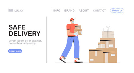 Safe delivery and courier service concept, male courier with a medical, mask and gloves holds a delivery box and collects orders in the warehouse. Flat style vector illustration for web banner.