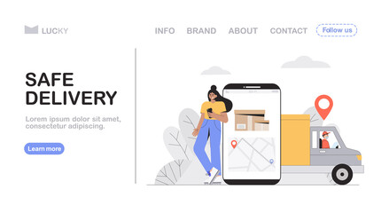 Safe delivery and courier service concept, a young woman makes order in online store, big screen phone with tracking courier's location. Flat style vector illustration for web banner, landing page.