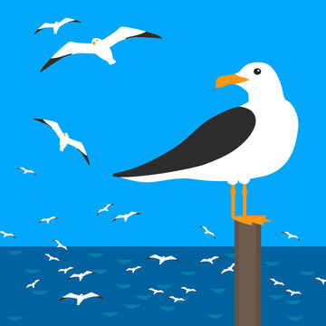 Seagulls. Vector Isolated Illustration Of Flying Sea Birds Made In Simple Flat Style. A Cute Bird Turning Its Head On The Foreground. Deep Blue Sea On The Background.