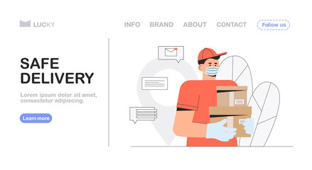 Safe delivery and courier service concept, male courier with a medical, protective mask and gloves, hold a delivery box. Flat style vector illustration for web banner.