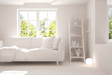 Stylish room in white color with sofa and green landscape in window. Scandinavian interior design. 3D illustration