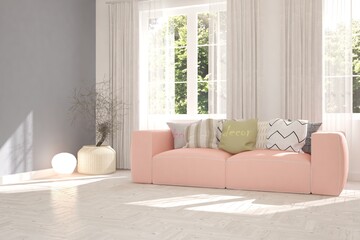White stylish minimalist room with sofa. Scandinavian interior design. 3D illustration