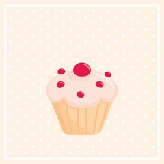 Sweet vector cupcake on white polka dots pink background