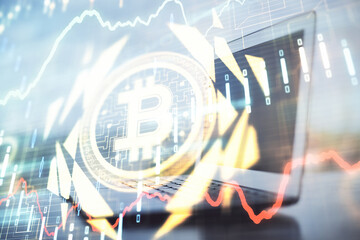 Multi exposure of blockchain and crypto economy theme hologram and table with computer background....