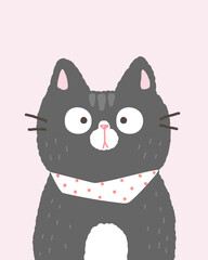Vector Illustration of Cartoon Black Cat on Light Pink Background