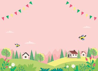 Spring landscape with houses, fields and nature. Decorative garlands. Cute illustration in flat style