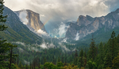 rainbow at the tunnel view in yosemite national park in california, usa