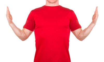 Naklejka premium Front view of confident male in red t-shirt showing about big size of something
