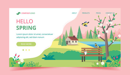 Hello spring landing page design template. Landscape with bench, houses, fields and nature. Cute illustration in flat style