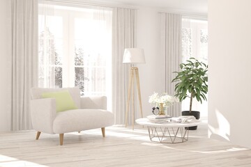 White stylish minimalist room with armchair and winter landscape in window. Scandinavian interior design. 3D illustration