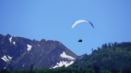 Fototapeta na wymiar paragliding on a sunny day in the mountains in austria with view to the alps