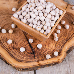 White roasted chickpeas in bowl. Turkish leblebi, famous nut, stack of yellow white roasted chickpea in burlap sack on wooden rustic background, white roasted chickpeas