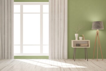 Green minimalist empty room. Scandinavian interior design. 3D illustration