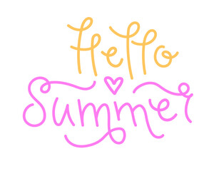 Hello summer handwritten lettering template. Vector seasonal phrase isolated on white background. Typography design for sticker, card, poster, web, banner, print.