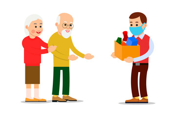 Young man volunteer in medical mask brought package of food to an elderly couple. Concept of charity and support for the elderly during pandemic virus. Isolated flat illustration on white background
