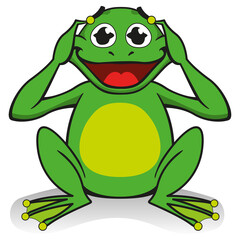 Illustration of a frog sitting with hands on his head, surprised, desperate. Ideal for educational and cultural materials