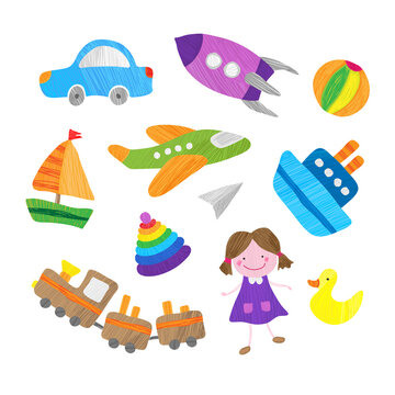 Kids toys vector set for stickers, cards, posters, design elements. Toy car, ship, locomotive, plane, doll, ball. Children's drawings style.