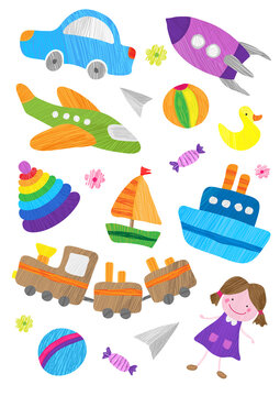 Kids toys vector set for stickers, cards, posters, design elements. Toy car, ship, locomotive, plane, doll, ball. Children's drawings style.