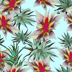 Aloe vera with tropical flowers, seamless pattern.