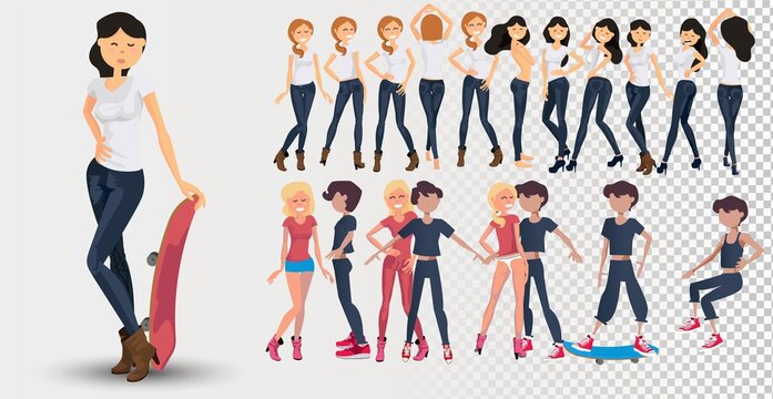 Dancing people. Happy men and women move to the music. Vector illustration in a flat style. Young women and guys with different poses, hairstyles, facial emotions, poses and gestures.