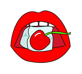 Vector red  lips with ice cube with cherry inside, colorful illustration, cartoon style. Girl eats an ice cube and cherry. open mouth sensual illustration