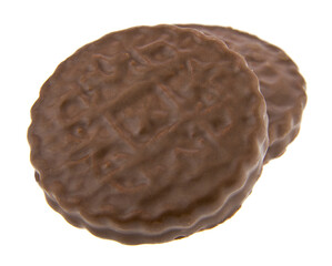 Chocolate cookies isolated on a white background close-up.