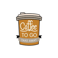 Vector illustration disposable coffee cup icon with coffee beans on blue background. Coffee cup logo