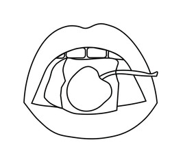 Vector lips with ice cube with cherry inside, outline illustration. Girl eats an ice cube and cherry. open mouth sensual illustration