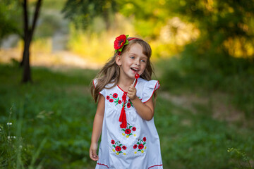 Portrait of a little cute smiling girl against the background of the summer landscape