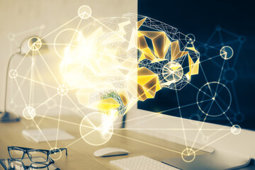 Double exposure of work space with computer and human brain drawing hologram. Brainstorm concept.