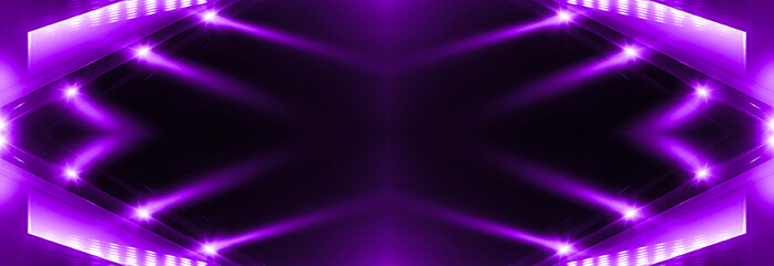 Abstract dark background, neon rays and lines of ultraviolet light. Laser show, empty neon scene. Neon, spotlights, vertical reality. Night view, symmetrical reflection and perspective.