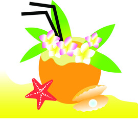 Vector coconut cocktail with drinking straw, hawaiian flowers and green leaves, fun cartoon style. Tropical summer cocktail with sea shells and starfish on the beach