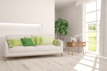 White stylish minimalist room with sofa and summer landscape in window. Scandinavian interior design. 3D illustration