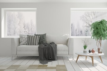 White stylish minimalist room with sofa and winter landscape in window. Scandinavian interior design. 3D illustration