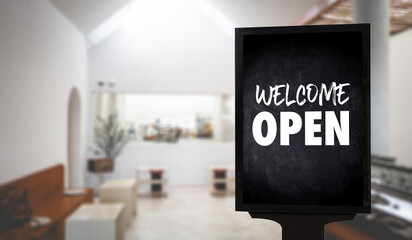 Come in We’re Open’ on cafe waiter standing in front of coffee shop vintage retro sign Open sign at coffee